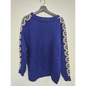 Hobart & Berger Sweater Mens Large Blue‎ Chunky Knit Ski Geometric Trim